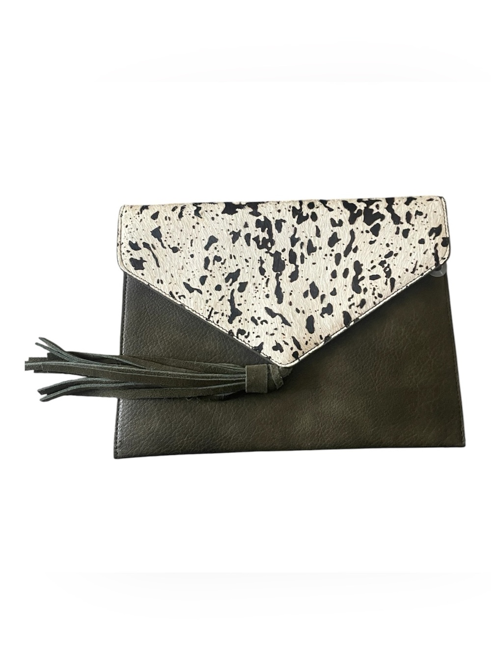 Street Level Black Envelope Clutch with Speckled Ivory Flap and Tassel